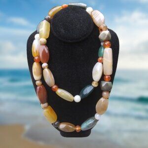 Vintage Beautiful Polished Agate Bead Multi Gemstone Necklace natures beauty